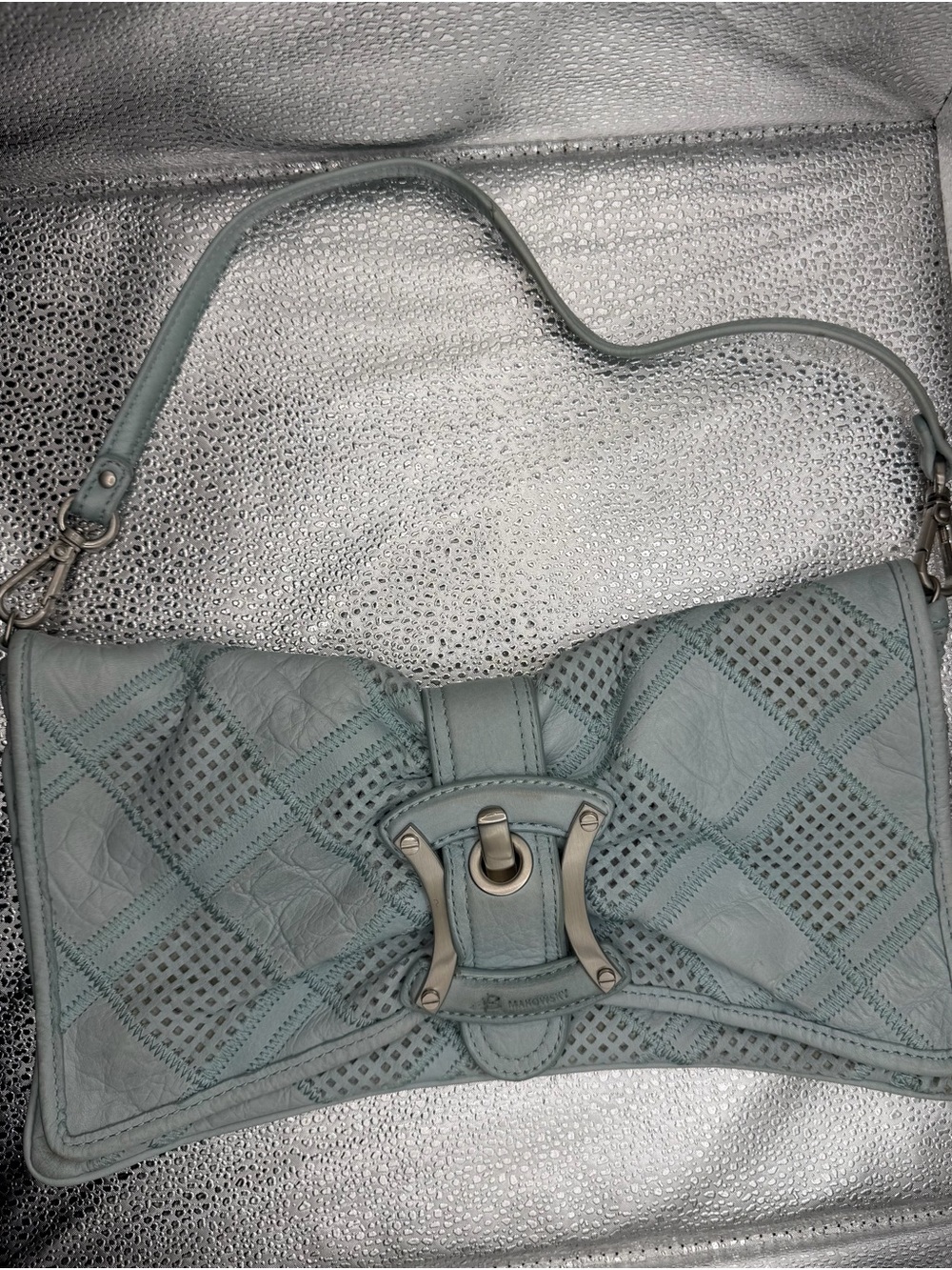 Vintage B. Makowsky Light Blue Perforated Leather Bow Clutch with Strap